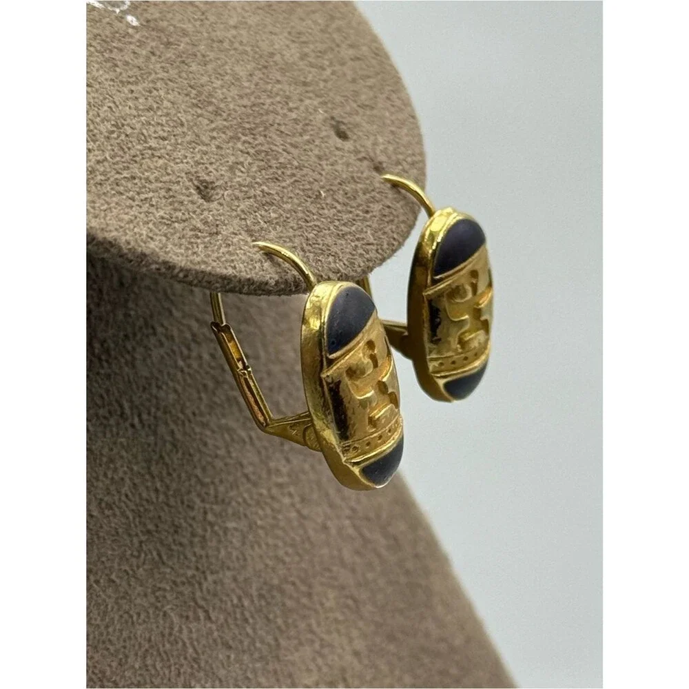 Vintage Egyptian Gold-Tone Oval Drop Earrings with Blue Enamel Accent